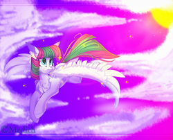 Size: 3000x2427 | Tagged: safe, artist:mediasmile666, blossomforth, pegasus, pony, g4, adoraforth, chest fluff, cloud, cute, ear fluff, female, flying, high res, leg fluff, rare mare, sky, solo, sparkles, spread wings, sun, wing fluff, wings