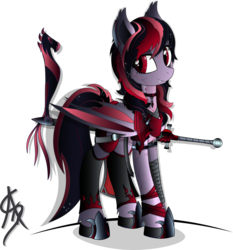 Size: 1600x1716 | Tagged: safe, artist:aleriastarlight, oc, oc only, oc:stella sanguina, bat pony, pony, bat pony oc, clothes, collar, cute, cute little fangs, digital art, dungeons and dragons, fangs, fantasy class, female, jewelry, knight, leg strap, lidded eyes, mare, necklace, paladin, shoes, simple background, solo, style emulation, sword, transparent background, vector, warrior, weapon, wingding eyes, wings