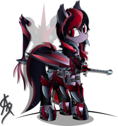 Size: 1600x1716 | Tagged: safe, artist:aleriastarlight, oc, oc only, oc:stella sanguina, bat pony, pony, armor, badass, bat pony oc, boots, clothes, collar, cute, cute little fangs, cutie mark background, dark phoenix, digital art, dungeons and dragons, epic, fangs, fantasy class, female, jewelry, knight, leg strap, leggings, lidded eyes, mare, necklace, paladin, shoes, signature, simple background, solo, style emulation, sword, transparent background, vector, warrior, weapon, wingding eyes, wings