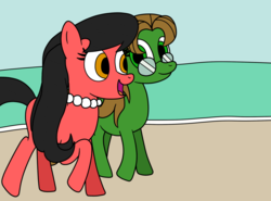 Size: 1287x953 | Tagged: safe, artist:eagc7, oc, oc:jussy, oc:rosina, earth pony, pony, beach, duo, duo female, female, glasses, jewelry, mare, request