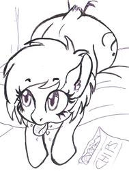 Size: 377x500 | Tagged: safe, artist:lockhe4rt, oc, oc only, oc:filly anon, earth pony, pony, bed, chips, dock, ear fluff, eating, female, filly, food, grayscale, looking up, lying down, monochrome, simple background, sketch, solo, white background