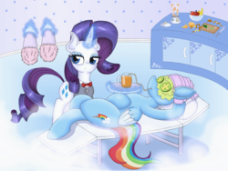 Size: 1600x1200 | Tagged: safe, artist:shinhoffman, rainbow dash, rarity, g4, chillaxing, clothes, cucumber, duo, facial mask, food, juice, lost bet, mud mask, on back, orange juice, slippers, waitress