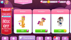 Size: 1280x720 | Tagged: safe, gameloft, pipsqueak, scootaloo, smolder, dragon, earth pony, pegasus, pony, g4, bits, blank flank, claws, coin, colt, cutie mark, dragon wings, dragoness, fangs, female, filly, foal, game screencap, gem, greedloft, hooves, horns, male, open mouth, pirate, text, wings