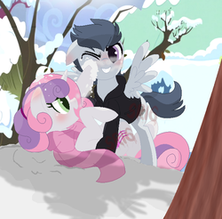 Size: 644x634 | Tagged: safe, artist:superrosey16, rumble, sweetie belle, pegasus, pony, unicorn, g4, clothes, female, male, older, scarf, ship:rumbelle, shipping, snow, spread wings, straight, sweater, tree, wings, winter