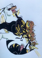 Size: 2242x3105 | Tagged: safe, artist:ameliacostanza, breezie, bugbear, pony, unicorn, avengers, avengers: earth's mightiest heroes, crossover, growth, high res, janet van dyne, kick, marvel, paw pads, ponified, species swap, traditional art, transformation, wasp (marvel)