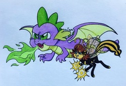 Size: 2575x1752 | Tagged: safe, artist:ameliacostanza, spike, breezie, dragon, pony, wasp, g4, avengers, avengers: earth's mightiest heroes, crossover, fire, flying, janet van dyne, marvel, ponified, ship:spikewasp, traditional art, winged spike, wings