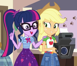 Size: 846x720 | Tagged: safe, screencap, applejack, sci-twi, twilight sparkle, equestria girls, g4, my little pony equestria girls: better together, outtakes (episode), camera, clothes, cropped, denim, denim skirt, female, geode of super strength, geode of telekinesis, glasses, polo shirt, ponytail, skirt, video camera