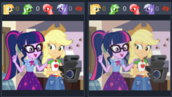 Size: 1189x675 | Tagged: safe, screencap, applejack, sci-twi, twilight sparkle, derpibooru, equestria girls, g4, my little pony equestria girls: better together, outtakes (episode), camera, comparison, cropped, female, geode of super strength, geode of telekinesis, glasses, juxtaposition, meta