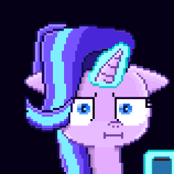 Size: 2528x2528 | Tagged: safe, artist:superhypersonic2000, starlight glimmer, pony, unicorn, g4, marks for effort, :i, animated, black background, chocolate, cup, empathy cocoa, female, food, glowing horn, high res, horn, hot chocolate, i mean i see, loop, pixel art, simple background, solo