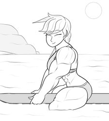 Size: 848x942 | Tagged: safe, artist:matchstickman, applejack, human, abs, amazonjack, applejacked, biceps, breasts, busty applejack, clothes, deltoids, eyes closed, female, humanized, monochrome, muscles, seaside, side view, simple background, solo, sun, surfboard, swimsuit, thunder thighs, triceps, white background