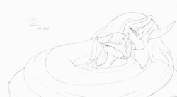 Size: 1551x848 | Tagged: safe, artist:parallel black, artist:perpendicular white, princess celestia, twilight sparkle, rokurokubi, g4, coils, curled up, cute, impossibly long neck, monochrome, sketch, sleeping, smiling, traditional art, wat, wrapped up
