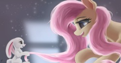 Size: 2374x1244 | Tagged: safe, artist:fluttersheeeee, angel bunny, fluttershy, pegasus, pony, g4, cute, duo, female, looking at each other, mane, mare, open mouth, profile, shyabetes, smiling