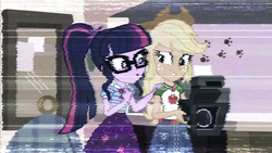 Size: 1280x720 | Tagged: safe, screencap, applejack, sci-twi, twilight sparkle, equestria girls, g4, my little pony equestria girls: better together, outtakes (episode), duo, female, glasses, hat