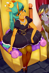 Size: 4000x6000 | Tagged: safe, artist:pijinpyon, snails, oc, oc:aero, unicorn, anthro, plantigrade anthro, g4, anklet, clothes, crossdressing, crown, dress, duo, glitter shell, jewelry, male, mary janes, necklace, offspring, pantyhose, parent:derpy hooves, parent:oc:warden, parents:canon x oc, parents:warderp, peasant, princess, puffy sleeves, regalia, throne, tongue out, trap