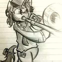 Size: 726x726 | Tagged: safe, artist:mr.candy_owo, oc, oc only, oc:schwarz, semi-anthro, lined paper, musical instrument, solo, traditional art, trombone