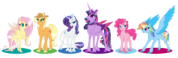 Size: 5307x1738 | Tagged: safe, alternate version, artist:silkensaddle, applejack, fluttershy, pinkie pie, rainbow dash, rarity, twilight sparkle, alicorn, pony, g4, mane six, simple background, spread wings, transparent background, twilight sparkle (alicorn), wings