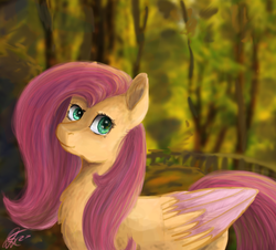 Size: 448x405 | Tagged: safe, artist:ottcat23, fluttershy, pegasus, pony, g4, chest fluff, colored wings, female, forest, mare, smiling, solo