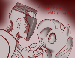 Size: 900x694 | Tagged: safe, artist:sigmatura, fluttershy, pegasus, pony, g4, crack shipping, crossover, grammar error, looking at each other, monochrome, quake 3 arena, scared, shipping, visor (quake)