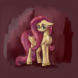 Size: 1500x1500 | Tagged: safe, artist:ottcat23, fluttershy, pegasus, pony, g4, abstract background, female, floppy ears, folded wings, looking at you, mare, smiling, solo, standing, turned head