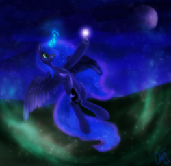 Size: 516x499 | Tagged: safe, artist:ottcat23, princess luna, alicorn, pony, g4, cutie mark, female, flying, glowing horn, horn, magic, mare, moon, night, solo