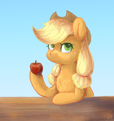 Size: 623x663 | Tagged: safe, artist:ottcat23, applejack, earth pony, pony, g4, alternate hairstyle, apple, applejack's hat, chest fluff, cowboy hat, cute, female, food, freckles, hat, jackabetes, looking at you, mare, pigtails, solo