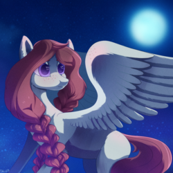 Size: 2000x2000 | Tagged: safe, artist:ottcat23, oc, oc only, pegasus, pony, art trade, blank flank, braid, female, freckles, high res, lidded eyes, mare, moon, night, smiling, solo, spread wings, stars, wings