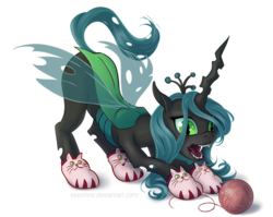 Size: 1240x987 | Tagged: safe, artist:vyazinrei, queen chrysalis, changeling, changeling queen, g4, behaving like a cat, catling, clothes, crown, female, jewelry, regalia, simple background, slippers, solo, transparent background, yarn, yarn ball