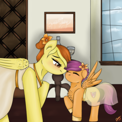 Size: 2830x2830 | Tagged: safe, artist:vinviasshine, scootaloo, spitfire, g4, bride, clothes, cutie mark, detailed background, dress, female, flower, flower girl, flower in hair, high res, male, marriage, mother and daughter, nuzzling, request, ship:soarinfire, shipping, straight, wedding, wedding dress