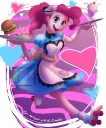 Size: 3000x3600 | Tagged: safe, artist:the-acolyte-artist, pinkie pie, coinky-dink world, eqg summertime shorts, equestria girls, burger, cartoony, clothes, cute, diapinkes, dress, female, food, french fries, hamburger, happy, heart, milkshake, plate, roller skates, server pinkie pie, shake, smiling, solo