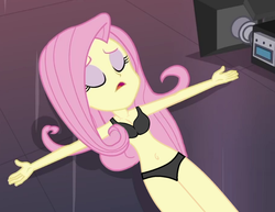 Size: 1212x934 | Tagged: safe, edit, edited screencap, editor:grapefruitface, screencap, fluttershy, equestria girls, g4, my little pony equestria girls: better together, outtakes (episode), belly button, black underwear, bra, breasts, camera, cleavage, clothes, cropped, eyes closed, female, lying, panties, solo, underwear, underwear edit