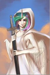 Size: 602x901 | Tagged: safe, artist:zefirayn, princess celestia, anthro, g4, clothes, digital art, female, horn, looking at you, mare, signature, solo, sword, vexel, weapon, wings, wip