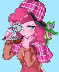 Size: 800x960 | Tagged: safe, artist:tzc, gummy, pinkie pie, alligator, equestria girls, g4, mmmystery on the friendship express, secrets and pies, blue background, clothes, deerstalker, detective, female, hat, looking at you, magnifying glass, pet, pipe, sherlock holmes, sherlock pie, simple background, solo