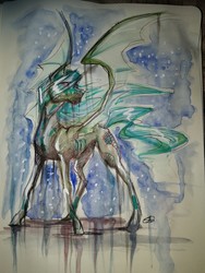 Size: 2976x3968 | Tagged: safe, artist:bluekite-falls, oc, oc only, oc:lux arcana, alicorn, pony, alicorn oc, bat wings, high res, solo, traditional art, watercolor painting