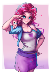 Size: 706x1000 | Tagged: safe, artist:the-park, pinkie pie, human, pony, equestria girls, g4, beautiful, clothes, duo, female, human ponidox, looking at you, micro, self ponidox, simple background