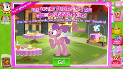 Size: 1280x720 | Tagged: safe, gameloft, bon bon, loosey-goosey, smolder, spike, sweetie drops, dragon, pegasus, pony, g4, advertisement, female, game screencap, introduction card, mare, solo, winged spike, wings