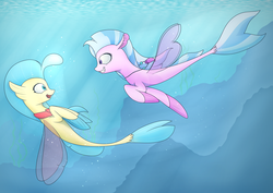 Size: 4093x2894 | Tagged: safe, artist:renderpoint, derpibooru exclusive, princess skystar, silverstream, seapony (g4), g4, my little pony: the movie, blue eyes, blue mane, bubble, cousins, crepuscular rays, cute, digital art, duo, duo female, female, fin wings, fins, fish tail, floppy ears, flowing mane, flowing tail, jewelry, looking at each other, looking at someone, looking at you, necklace, ocean, open mouth, open smile, pearl necklace, seapony silverstream, smiling, smiling at you, sunlight, swimming, tail, teeth, underwater, water, wings