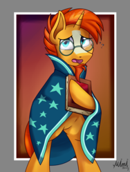 Size: 2400x3200 | Tagged: safe, artist:milkychocoberry, sunburst, pony, unicorn, g4, bipedal, book, clothes, glasses, high res, male, robe, simple background, solo, stallion