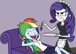Size: 1627x1144 | Tagged: safe, artist:eagc7, rainbow dash, rarity, equestria girls, g4, arm behind head, armpits, clothes, cute, dashabetes, eyes closed, food, grapes, maid, open mouth, plate, rarity is not amused, request, requested art, shorts, sleeveless, tank top, unamused