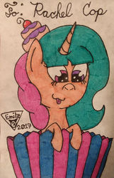 Size: 900x1400 | Tagged: safe, artist:emilz-the-half-demon, oc, oc only, oc:cupcake, pony, unicorn, solo, tongue out, traditional art