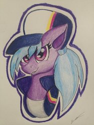Size: 1024x1365 | Tagged: safe, artist:luxiwind, azure velour, pony, g4, bust, cap, clothes, female, hat, mare, portrait, solo, traditional art