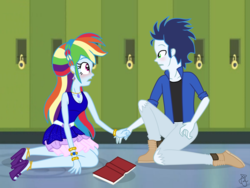 Size: 960x720 | Tagged: safe, artist:ilaria122, rainbow dash, soarin', equestria girls, g4, alternate hairstyle, belt, blushing, book, boots, bracelet, braid, canterlot high, clothes, couple, crouching, cute, dashabetes, dress, ear piercing, earring, equestria girls-ified, female, heart eyes, high heels, jewelry, lockers, male, necklace, open mouth, piercing, rainbow dash always dresses in style, ripped pants, sandals, ship:soarindash, shipping, shirt, shoes, simple background, straight, t-shirt, wingding eyes