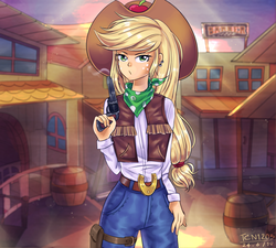 Size: 2000x1800 | Tagged: safe, artist:tcn1205, applejack, human, equestria girls, g4, beautiful, belt, belt buckle, blowing, clothes, cowboy hat, cowboy outfit, cowboy vest, cowgirl, female, freckles, green eyes, gun, handgun, hat, humanized, jeans, pants, pistol, pony coloring, solo, stetson, upset, vest, weapon, wild west, yellow hair