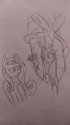 Size: 1280x2279 | Tagged: safe, artist:derpanater, princess cadance, queen chrysalis, alicorn, changeling, changeling queen, pony, g4, 30 minute art challenge, bouquet, female, flower, infidelity, lesbian, mare, ship:cadalis, shipping, traditional art