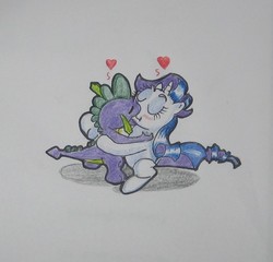Size: 564x542 | Tagged: safe, artist:hillbe, rarity, spike, dragon, pony, unicorn, g4, duo, female, heart, hug, kissing, male, mare, ship:sparity, shipping, straight, traditional art