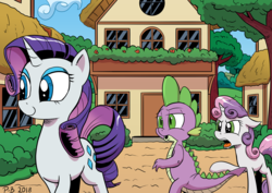 Size: 2047x1447 | Tagged: safe, artist:pony-berserker, rarity, spike, sweetie belle, dragon, pony, unicorn, g4, :o, angry, bedroom eyes, blank flank, distracted boyfriend meme, envy, eyes on the prize, featured image, female, filly, floppy ears, frown, glare, i can't believe it's not idw, implied infidelity, jealous, lidded eyes, looking back, male, mare, meme, open mouth, ponified meme, ponyville, raised eyebrow, raised hoof, ship:sparity, ship:spikebelle, shipping, signature, smiling, straight