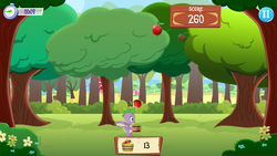 Size: 1280x720 | Tagged: safe, gameloft, spike, dragon, g4, apple, basket, food, game screencap, male, solo, tree, winged spike, wings