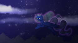 Size: 4000x2208 | Tagged: safe, artist:itssopanda, princess luna, pony, g4, cloud, female, flying, night, solo