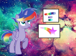 Size: 1416x1040 | Tagged: safe, artist:rainbows-skies, oc, oc only, oc:falling color star, alicorn, pony, alicorn oc, cutie mark, magical lesbian spawn, male, offspring, parent:rainbow dash, parent:twilight sparkle, parents:twidash, raised hoof, reference sheet, solo, stallion, starry backdrop