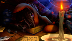 Size: 1920x1080 | Tagged: safe, artist:dranoellexa, oc, oc only, oc:brilliant quill, pony, unicorn, book, bookshelf, candle, inkwell, library, night, quill, solo