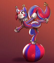 Size: 2304x2688 | Tagged: safe, artist:helixjack, oc, oc only, oc:mew, pony, unicorn, balancing, clothes, clown, clown nose, cute, gradient background, hat, horn, jester, red nose, ruff (clothing), smiling, unicorn oc